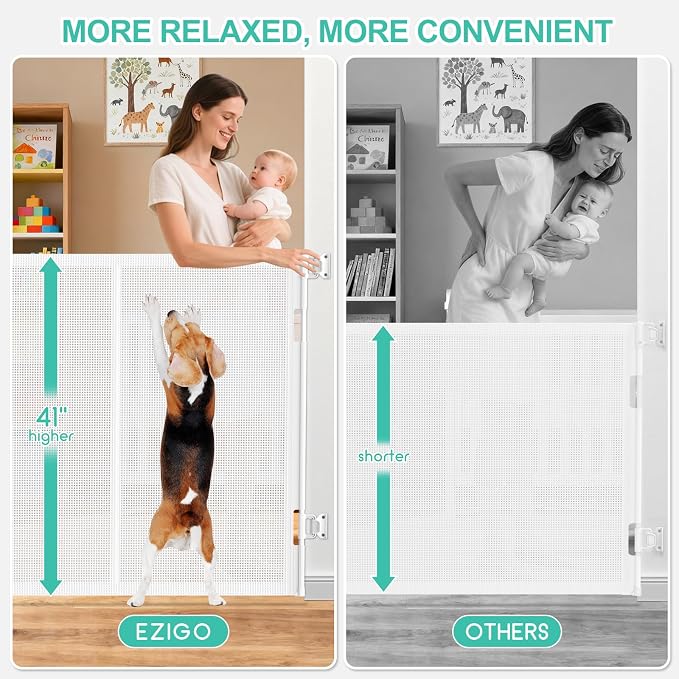 EZIGO 196 Inch Retractable Baby Gates, 41 Inch Extra Tall Retractable Gate | Reinforced Retractable Dog Gate with Rods, 16.3FT Extra Long Mesh Pet Gate for Stairs Hallways Doorway Indoor Outdoor, White