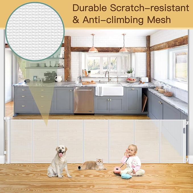 Reinforced 100 Inch Retractable Baby Gates for Doorways Extra Wide to Prevent Crawling Through, 8 ft Extra Long Retractable Pet Gate for Dogs, Safety Outdoor Baby Gate for Deck, Porch, Patio, White