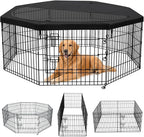 PETIME Foldable Metal Dog Exercise Pen/Pet Puppy Playpen Kennels Yard Fence Indoor/Outdoor 8 Panel 24" W x 24" H with Top Cover