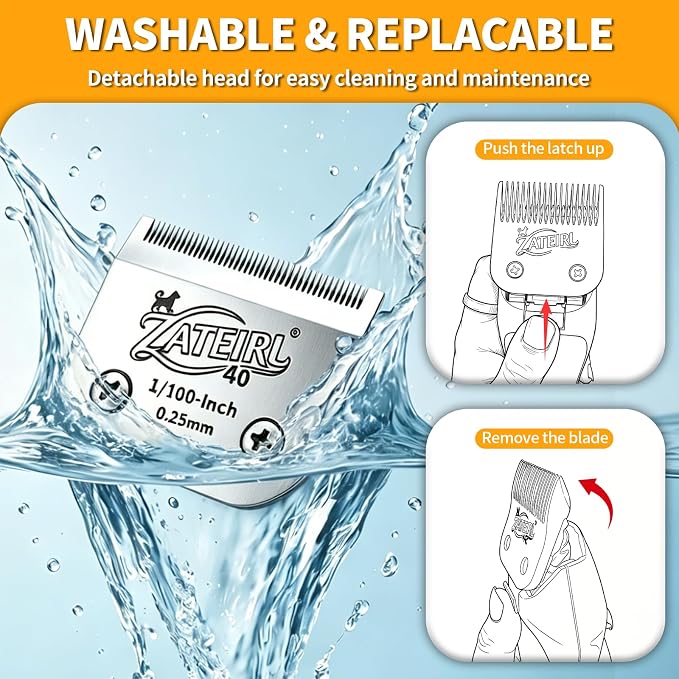 Size 40 Detachable Pet Grooming Clipper Blade with Ceramic Cutter, 0.25mm 1/100 Inch Cut Length, Silver, Compatible with Andis, Oster A5, Wahl KM10, 3 Pack