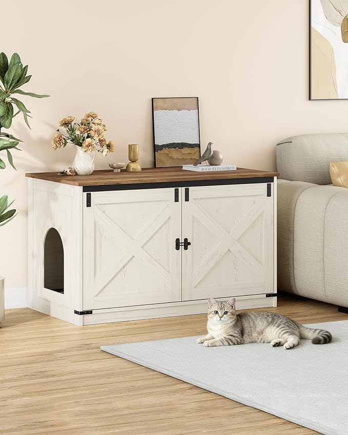Hzuaneri Cat Litter Box Enclosure, Hidden Litter Box Furniture with Divider | Wooden Cat Cabinet with Removable Dividers, Reversible Entrance Left or Right Side, Cat Washroom, Rustic White Brown CB84714X