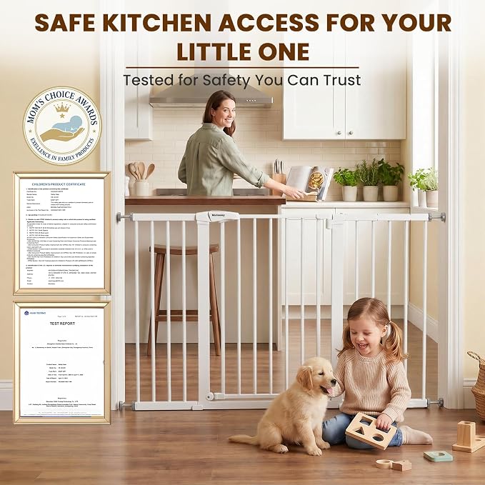 Mumeasy 36" Extra Tall Baby Gate for Doorways, 29.7"-57" Extra Wide Dog Gate for Stairs, Pressure Mounted Auto Close Pet Safety Gate with Easy Walk Thru Door, Large Indoor Child Gate for House, White
