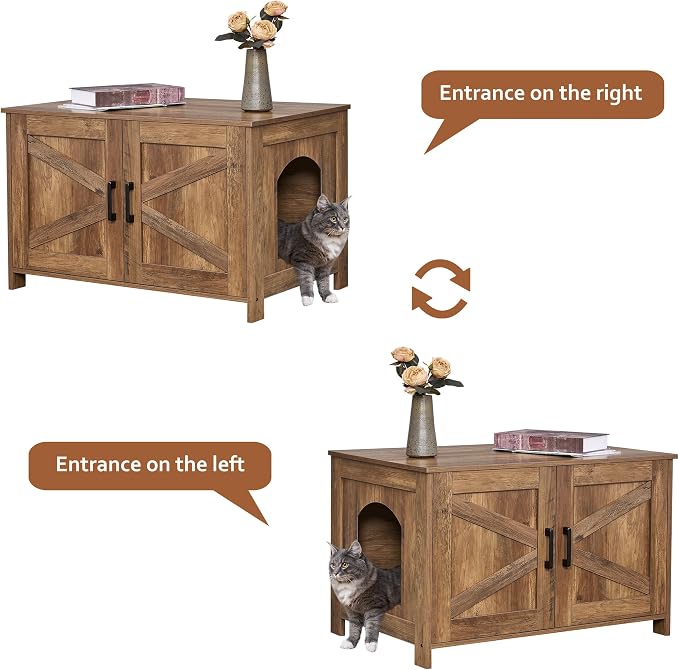Homhedy 31.5" L Cat Litter Box Enclosure with Barn Door, Rustic Walnut | Wooden Cat Washroom Furniture, Cat House, Pet Storage Cabinet, Dog-Proof, Fit Most of Litter Box, Farmhouse Style