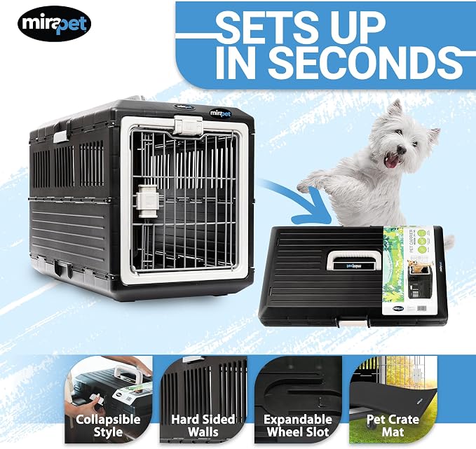 Pet Carrier with Pad, 26.4" Lx15.3 Wx18.8 H - Collapsible Travel Kit for Medium Cats & Dogs, Hard Plastic Wall Kennel for Indoor/Outdoor Use