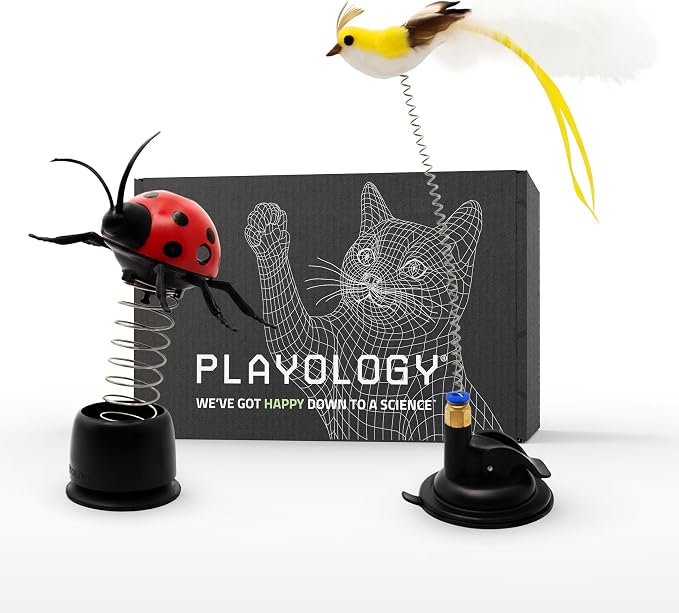 Playology Cat Toys | Limited Edition Toys - Suction Cup Springbird with Feathers & Pop-Up Ladybug Treater | Interactive Fun for Indoor Cats