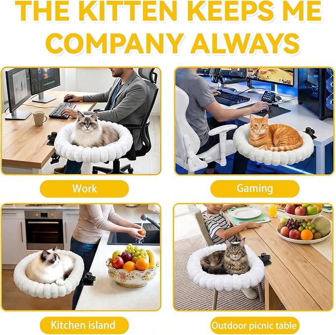 20"x16" Rotatable Foldable Cat Desk Bed - 2 Detachable Washable Mats for Desk Cat Bed, Double Screw Reinforced Support, 50LBS Bearing Capacity | Cat Desk Hammock for Home Office & Gaming Desks (White)