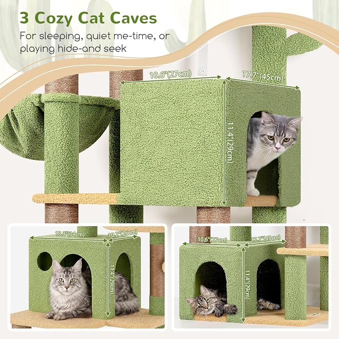 Globlazer F71 Cactus Cat Tree Tall, 71in Cat Tower for Indoor Cats, Green | Multi-Level 3 Condos for Indoor Cats, XL Cat Tree Tower with Scratching Posts, Soft Extra Large Hanging Basket