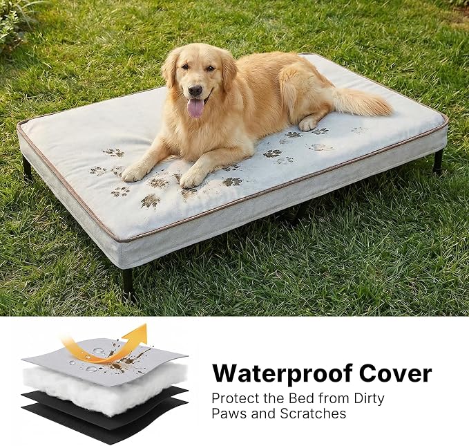 Veehoo Outdoor Elevated Dog Bed with Washable & Waterproof Cushion, Cooling | Large Raised Dog Cot with Removable Cover, Brethable Mesh, Orthopedic Pet Bed for Indoor & Outdoor, 49" x 32", Dark Grey