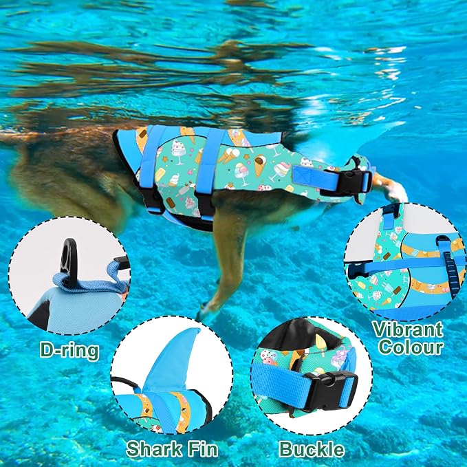 Fragralley Shark Fin Dog Life Jacket High Buoyancy, Adjustable Dog Life Vest with Quick Release Buckles & Rescue Handle for Swimming Boating, Small Medium Large Dogs