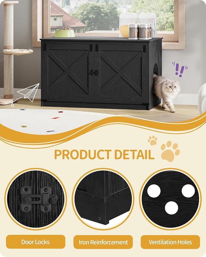 Hzuaneri Cat Litter Box Enclosure, Hidden Litter Box Furniture with Divider | Wooden Cat Cabinet with Removable Dividers, Reversible Entrance Left or Right Side, Cat Washroom, Black CB84704X