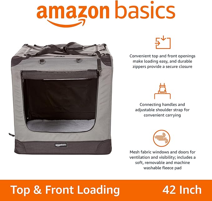 Amazon Basics Portable Foldable Soft Pet Dog Crate Carrier Kennel with Mesh Windows, Ventilation, Pockets for Large Dogs, 42 x 31 x 31 inches, Grey