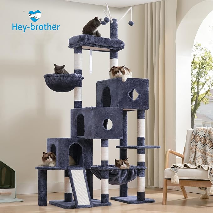 Hey-brother Cat Tree Tower with 3 Condos, Step Climbing Pathway MPJ081G | 74.8 Inches Scratching Post with 3 House, Hammock, Large Basket, Cozy Bed, Sisal Board, Toys for Big Indoor Cats, Smoky Gray