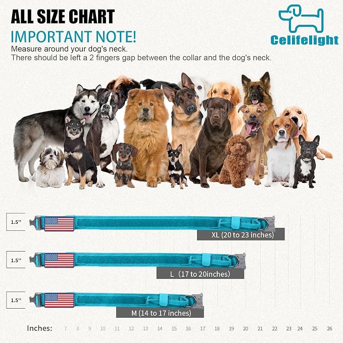 Celifelight Tactical Dog Collar Military Dog Collar Adjustable Nylon Dog Collar Heavy Duty Metal Buckle with Handle for Dog Training,with Patches(Light Blue 1, M), Medium