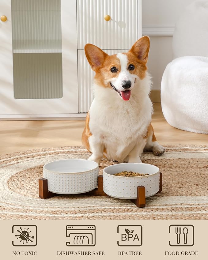 MALACASA Dog Bowl Set, Ceramic Bowls with Walnut Wood Stand, 3.5 Cups | Rhombic and polka dot design, non-slip base, for cats and dogs, about 26% heavier than similar ceramic bowls