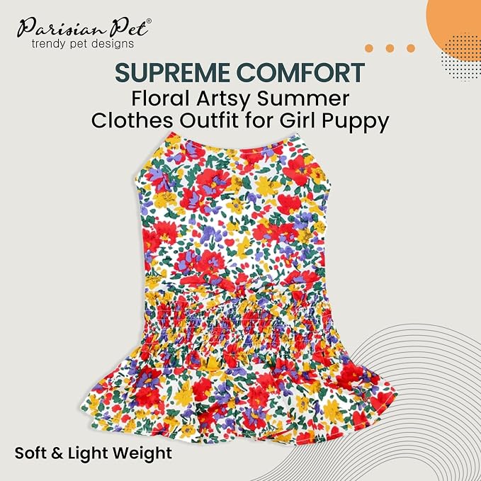 Parisian Pet Floral Dog Dress - 100% Cotton Summer Clothes for Large Dogs Girl - Ruched Waist Pet Dress - Stylish Printed Beach Dog Outfit - Lightweight Puppy Clothes - Sleeveless Dresses for Dogs