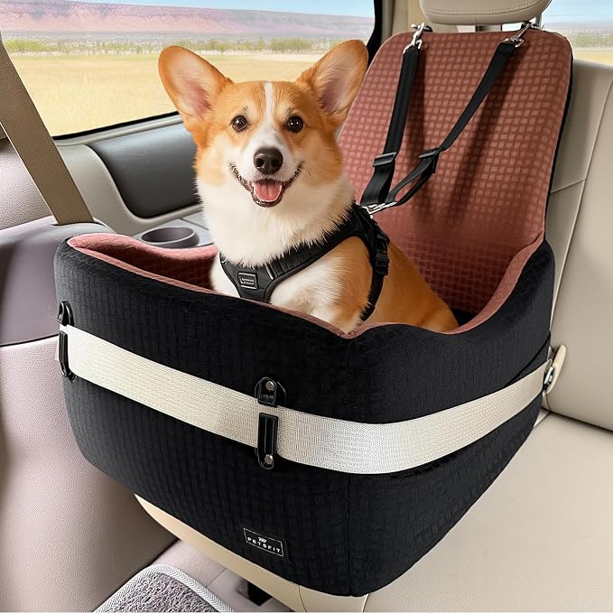 PETSFIT Dog Booster Car Seat with Patented Safety System, 5" Elevated Pad | Fully Detachable Washable Cover, Memory Foam Pet Car Seat for Small/Medium Dogs Up to 35 Lbs with Safety Belt
