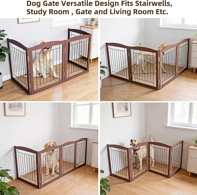 ZJSF Freestanding Foldable Dog Gate for House Extra Wide Wooden Brown Puppy Gate Stairs Dog Gates Doorways Tall Pet Gate 32 "Height 4 Panels Pet Fence
