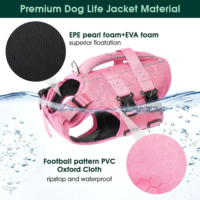 Kuoser Dog Life Jacket, High Flotation Reflective Dog Life Vest, Pink, XXL | Adjustable Dog Lifejackets for Small Medium Large Dogs, Lifevest with Rescue Handle for Swimming, Boating, Lake, Beach & Pool