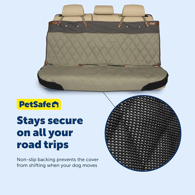 PetSafe Happy Ride Quilted Dog Car Seat Cover, Bench, Black | Seat Cover for Back Seat, Scratch-Resistant, Adjustable Straps and Elastic Panels, Machine Washable, Seatbelt Access Zippers