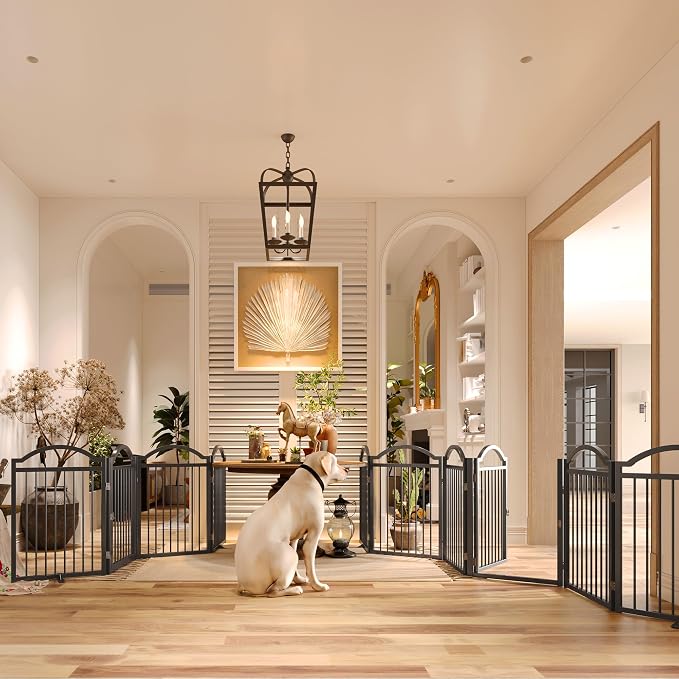 BHG Metal No-Assembly Freestanding Dog Gate with Door Walk Through, Extra Wide 96", Extra Tall 32" Pet Gate, Accordion Puppy Folding Playpen Dog Fence for Indoor & Outdoor, with 2PCS Support