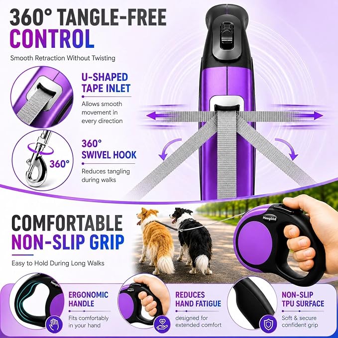 Double Retractable Dog Leash for Two Dogs Up to 115 lbs - 18.6 ft Coupler Leashes for Small Medium Dogs - One Locked System, Non Slip Grip, Tangle Free (Purple)