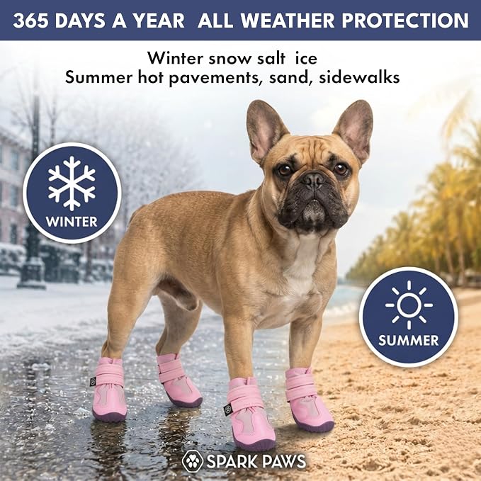 Spark Paws 365 Dog Shoes - All-Season Boots for Winter Snow & Hot Pavement | Water-resistant, anti-slip, stay-on straps - rain, ice & summer booties in one. Reflective; small, medium & large dogs
