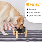 6'' Ceramic Raised Dog Bowl - 30Oz Dog Food & Water Bowl with Elevated Non-Slip Bamboo Stand, Dishwasher & Microwave Safe, Anti Vomiting Heavy Duty Pet Bowl for Small and Medium Dogs, Black