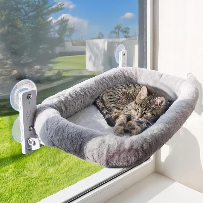 Cat Window Perch with Washable Cushion & Strong Suction – Stable & Cozy Cat Hammock for Window (Holds up to 40 lbs) – Durable Window Bed for Indoor Cats