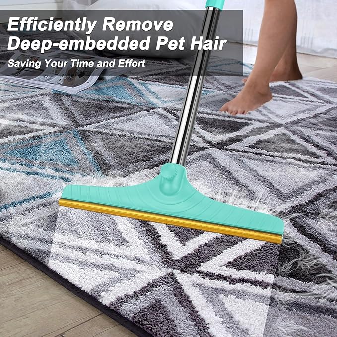 Carpet Rake for Pet Hair Removal, Reusable Carpet Scraper for Rug | Remover with 60” Adjustable Long Handle,Dog Cat Hair Remover Tool for Rugs, Mats, Couch, Blue