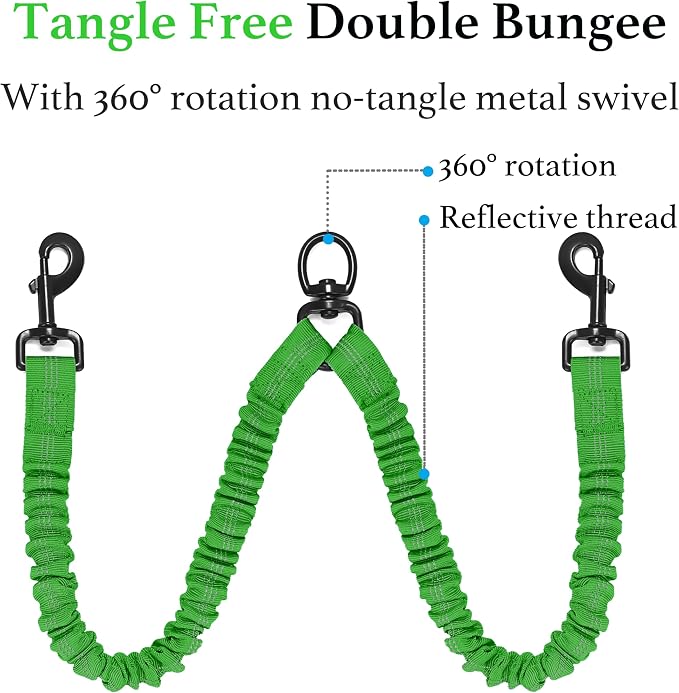 iYoShop Dual Dog Leash - 360° Swivel, No Tangle Walking Leash with Shock Absorbing Bungee for Two Dogs (Large, 25-150 lbs, Emerald)