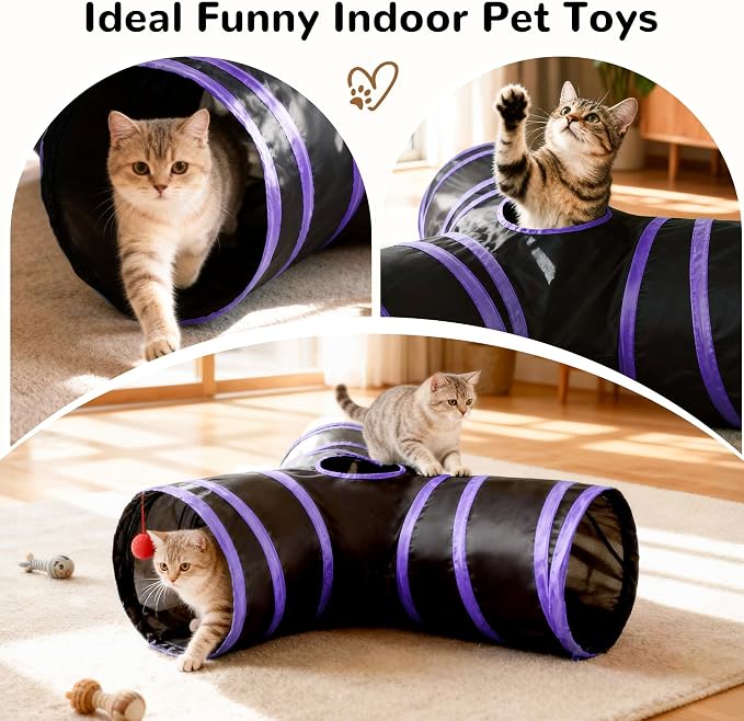 Tempcore Cat Tunnel for Indoor Cats, 3 Way Collapsible Pet Play Tunnel with Teaser Wand, Peek Holes & Hanging Ball, Interactive Tube for Kittens & Rabbits, Black & Purple