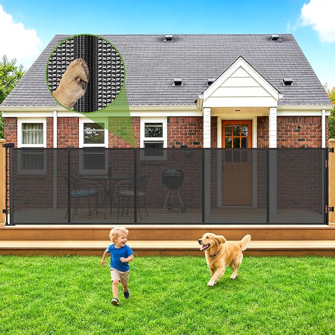 48" Tall 150" Wide Outdoor Retractable Gate for Dogs, All-Weather Resistant | Rustproof Stainless Steel Hardware, Reinforced Tall Retractable Baby Gates Outdoor Retractable Fence, Easy Install, Black