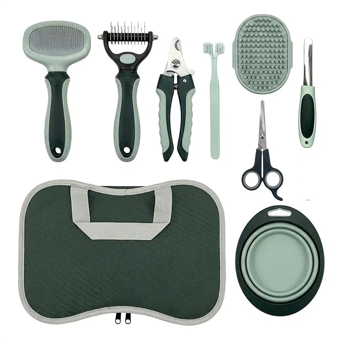 Thalirem 8-in-1 Dog Grooming Kit with Collapsible Travel Bowl | Portable grooming tools and storage bag for dogs and cats at home or outdoors