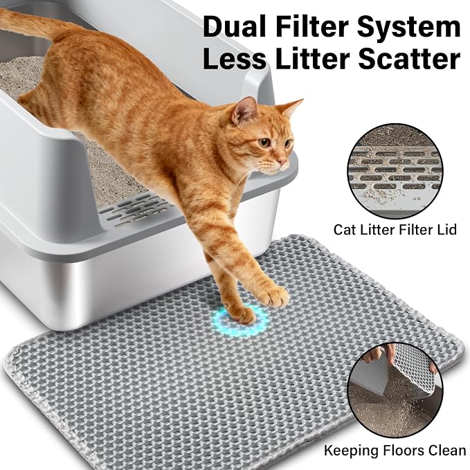 Stainless Steel Cat Litter Box with Lid,XL Extra Large Litter Box | Metal litter box for Big Cats with High Sided,2Pack,Non-Sticky,Easy Cleaning, Include Litter Mat & Scoop,23x14.6x9.9in