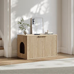Evermagin 31.5" Cat Litter Box Enclosure Furniture | Oak Hidden Litter Box Cabinet, Modern Indoor Cat House, Fluted Kitty End Table for Living Room, Bedroom, Entryway