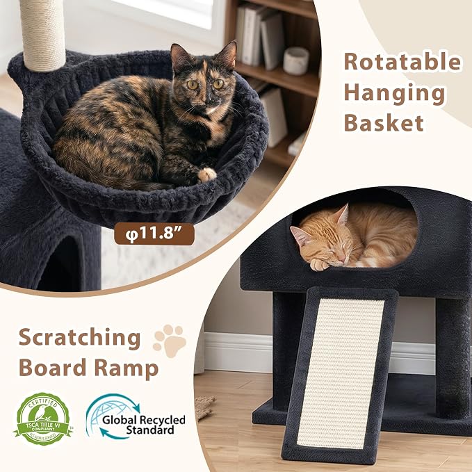 Gitelsnour Cat Tree, 78.7'' Cat Tower, 2 Big Condos for Multi Cats GCT061G | Tall Cat House Furniture for Large Cats with Hammock, Big Platform for Indoor Cats, Scratching Posts & Board , Dark Gray