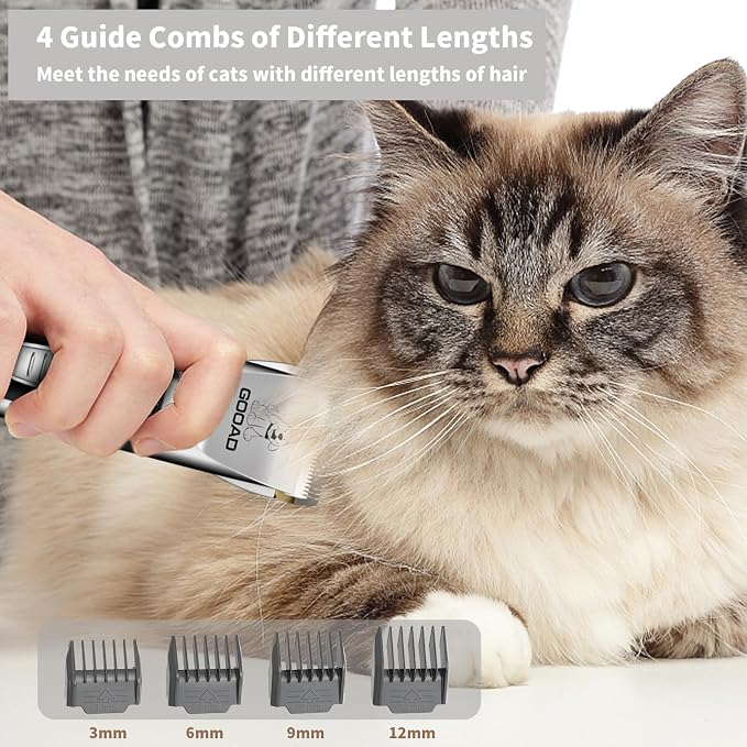 Professional Quiet Cat Clippers & Dog Grooming Kit | 250Min Cordless Pet Shaver,Low Noise Pet Hair Trimmer for Grooming,2in1 Wide & Narrow Blades,4 Combs,Scissors & Glove(Silver)
