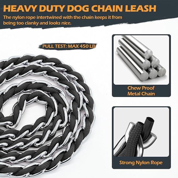 S-ETOVUS-Chain Dog Leash, Bite-Proof Metal Leash, with Padded Handle | Three Sizes 7.25FT/5.2FT/4FT, Woven From Nylon Rope And Chain, Durable And Bite-Resistant, Comfortable With Padded Handles