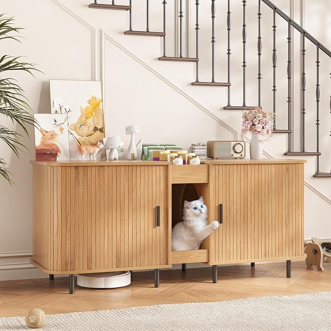 Double Litter Box Enclosure for 2 Cats, 55" Litter Box Furniture Hidden with Cat Scratch Pad, Large Indoor Cat House with Double Room, Wooden Litter Box Cabinet, TV Stand, Natural