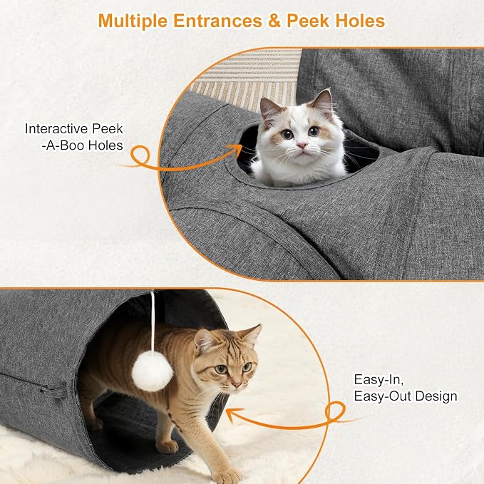 Ownpets 10" Large Cat Tunnel 3-Way U-Shape Oxford Fabric for Large Cat | Silent oxford fabric no noise, expandable 3-channel design, with plush ball ,feather wand, peek hole, for multi-cat household