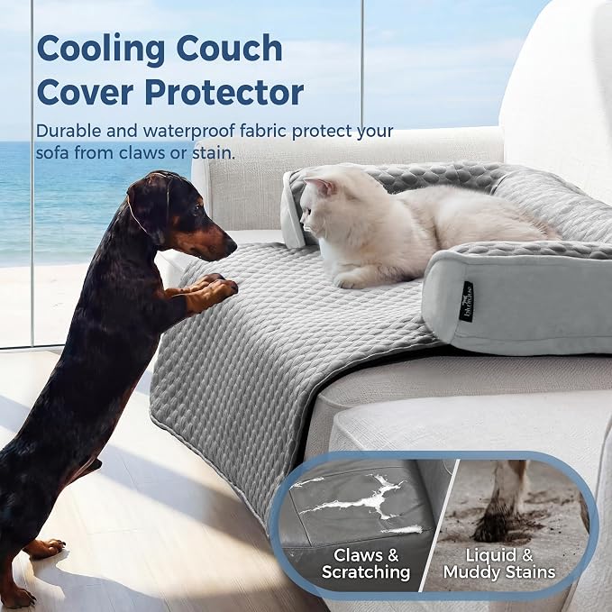 Calming Large Dog Couch Bed, Waterproof Memory Foam with Durable Fluffy Fuzzy Mats, Washable Removable Cover Protector for Sofa, Bedside, Gift, Cooling Grey, Medium