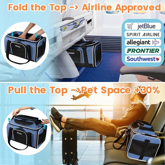 Petskd Top-Expandable Small Pet Carrier 17"x12"x8.5" Airline Approved | for JetBlue/Frontier/Spirit Airlines, Lockable Safety Zippers and Anti-Scratch Mesh, Soft-Sided, Pets Under 8 Lbs, Blue