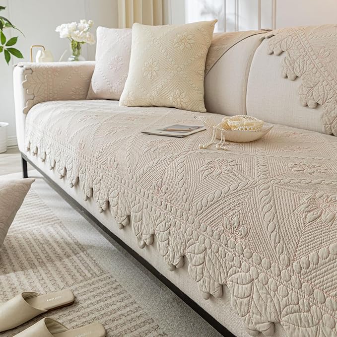 Cotton Quilted Dog Couch Cover for Sofa Farmhouse Rustic Embroidery Sectional Couch Cover Soft Anti-Slip Sofa Slipcover Furniture Protector for Kids, Pets (Khaki,43"x70")