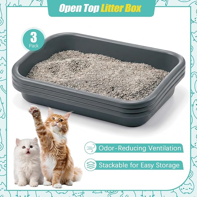 Uiifan 3 Pcs Extra Large Low Entry Cat Litter Box for Senior Kitty Pet Open Top Litter Box for Senior Kitten Handicap Disabled Older Elderly Cats, Easy to Clean(Gray,23.2 x 16.5 x 4.3 Inches)