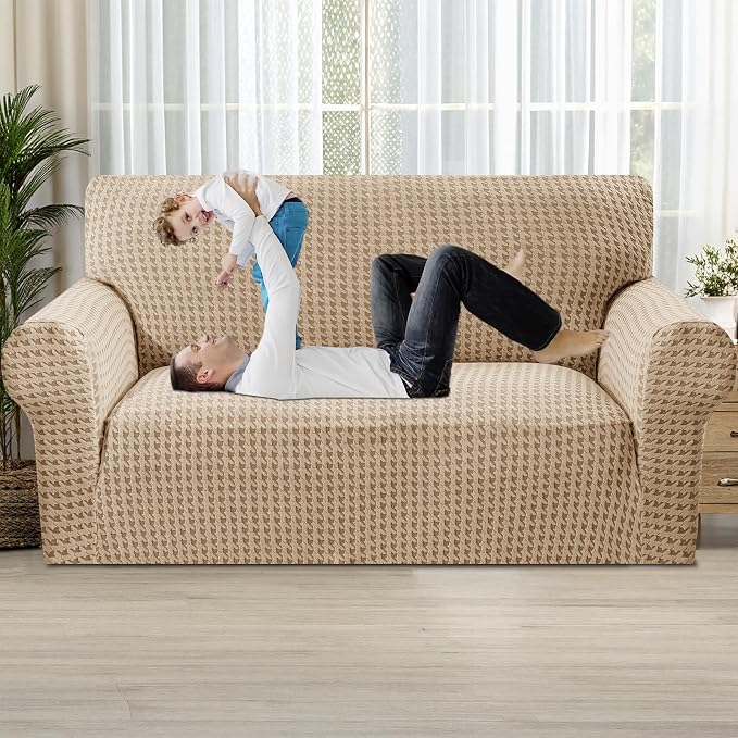 MAXIJIN Stretch Loveseat Couch Cover for 2 Cushion Couch (55"-69" Washable Sofa Slipcovers with Non-Slip Foam & Elastic Strap, Dog Cat Pet Friendly Furniture Protector (Medium, Khaki)