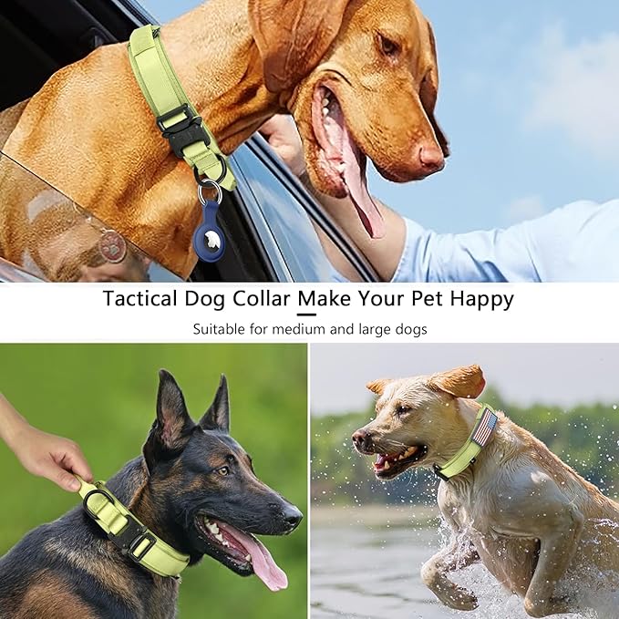DAGANXI Tactical Dog Collar, Adjustable Military Training Nylon Dog Collar with Control Handle and Heavy Metal Buckle for Medium and Large Dogs, with Patches and Airtags Case (XL, Spring Grass)