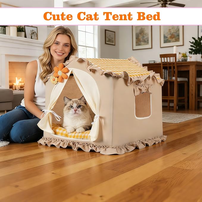 Yellow Indoor Cat House with Frame and Princess Style Cat Houses for Indoor Cats, Washable Cat Bed & Cat Tent, M Size (17×17×17 Inches) for 8-20 lbs. Pets.