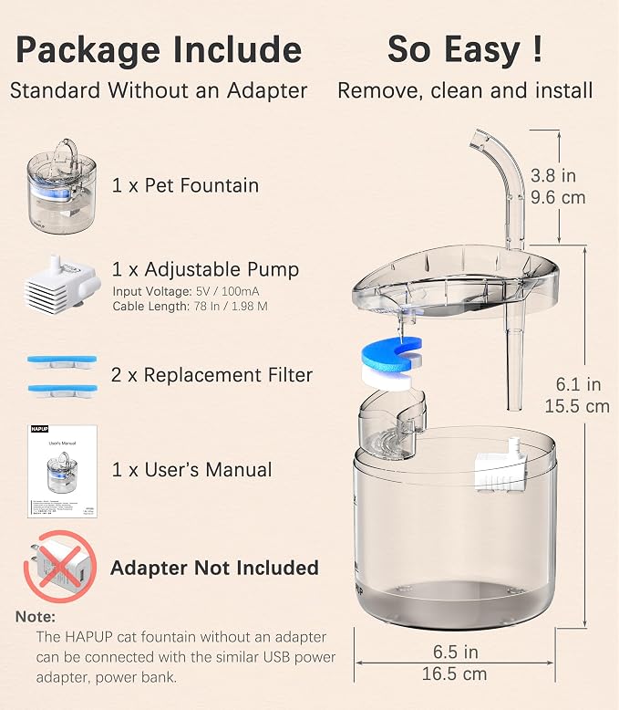 HAPUP Cat Water Fountain Animal Water Dispenser 61OZ/1.8L Automatic Pet Drinking Fountain Clear Upgrade with 2 Filter Replacement 1 Adjustable Silent 1 Water Pump for Cats Kitty Indoor