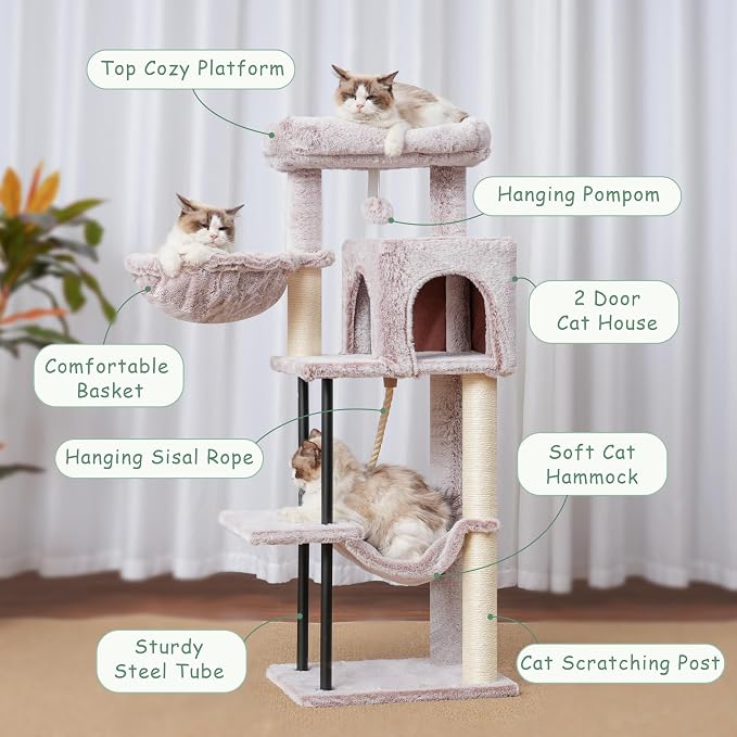 Gitelsnour Cat Tree, 43.3'' Cat Tower with Hammock for Kittens GCT004SMU | Cat Condo House for Small Indoor Cats, Basket, Scratching Post, Large Platform, Sturdy Steel Tube, Sisal Rope, Mushroom
