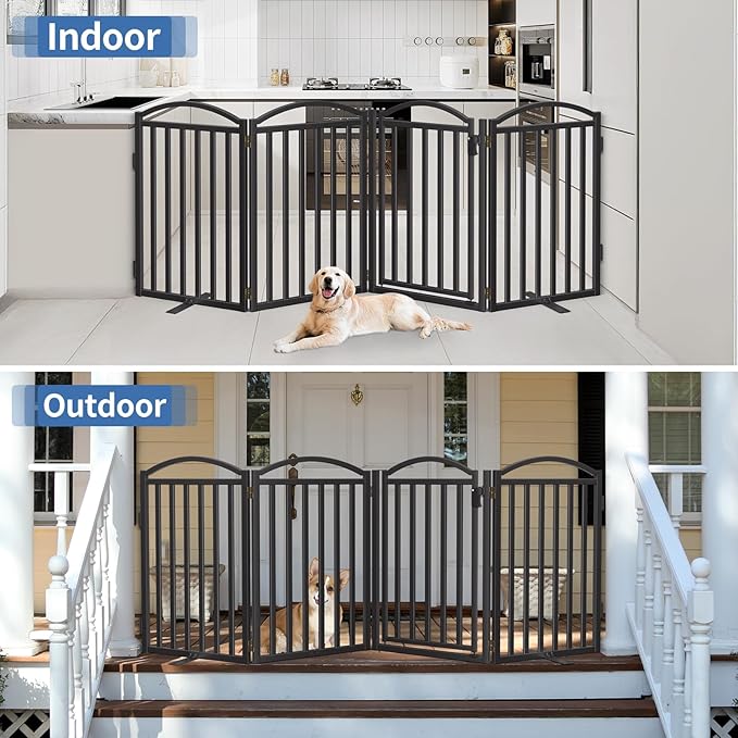 Malier Metal Freestanding Dog Gates with Door, Outdoor Indoor Dog Fences, Extra Wide Foldable Puppy Gate for Stairs, Hallways, Yard (Black, 80''W × 32''H【4 Panels】)
